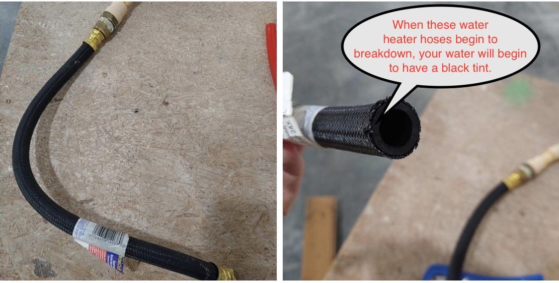 Black hose with brass fitting on concrete; inset close-up highlights the open end and a red warning note.
