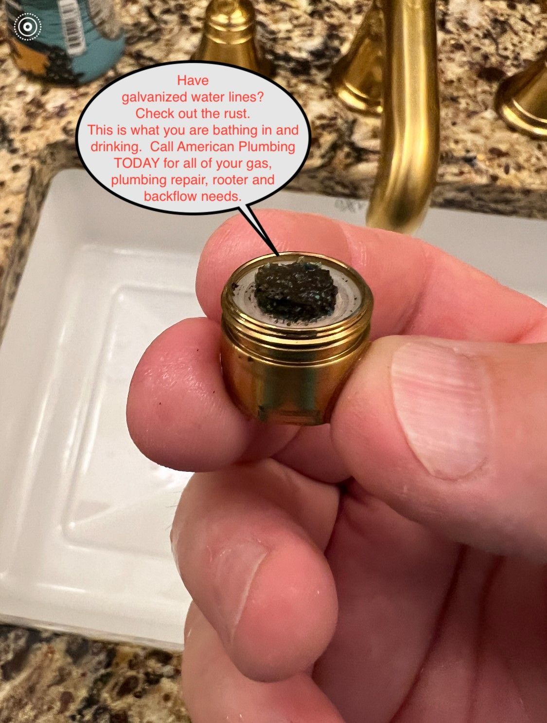 A person holding a gold faucet aerator covered in rust above a sink. Text bubble advises checking for rust.