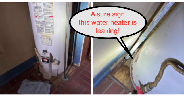 Split view of a leaking water heater, with rust and water pooling beside the unit.