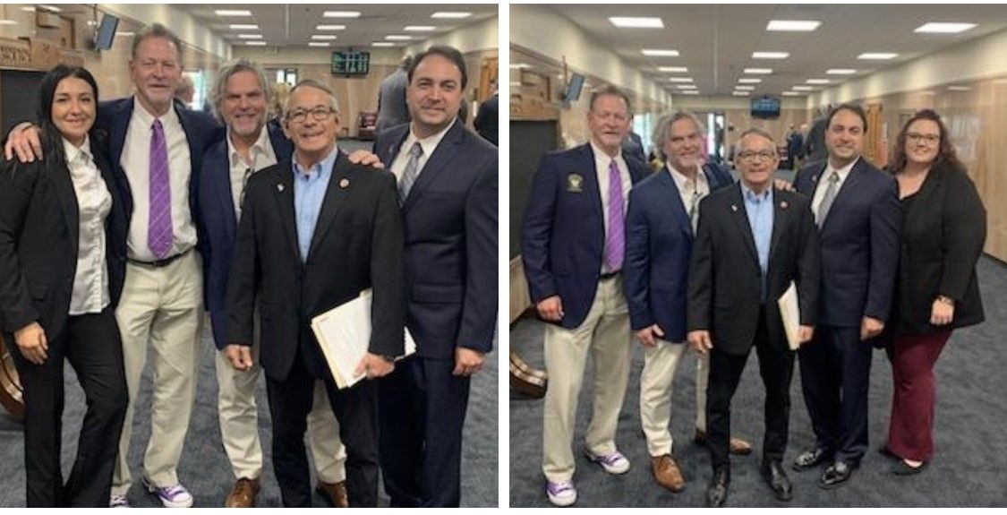 Two side-by-side photos of seven people each, in a hallway, smiling, in business attire.