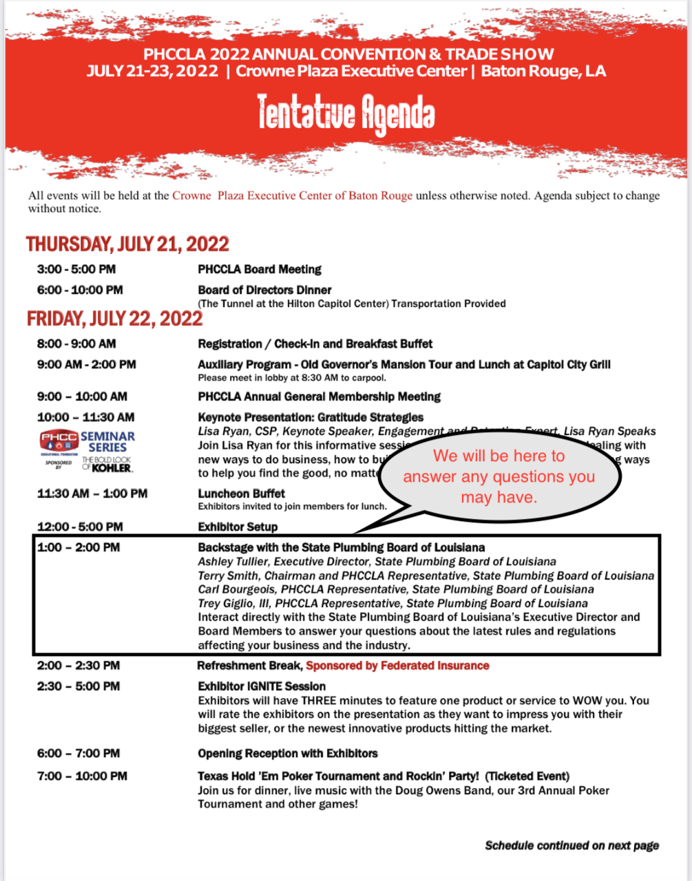 Agenda for the PHOCLA convention in Baton Rouge, LA, from July 21-22, 2022.