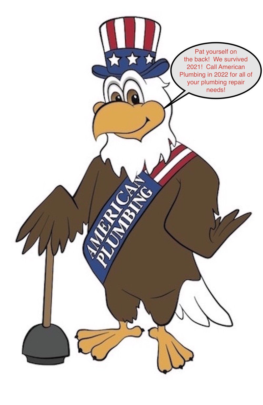 Cartoon eagle in Uncle Sam hat, sashed “American Plumber,” holding a plunger.