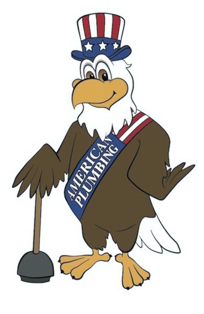 Bald eagle mascot with plunger, wearing patriotic hat and sash for