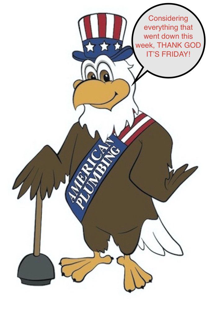 Cartoon eagle in Uncle Sam hat and “American patriot” sash, holding a cane, with speech bubble about Friday.