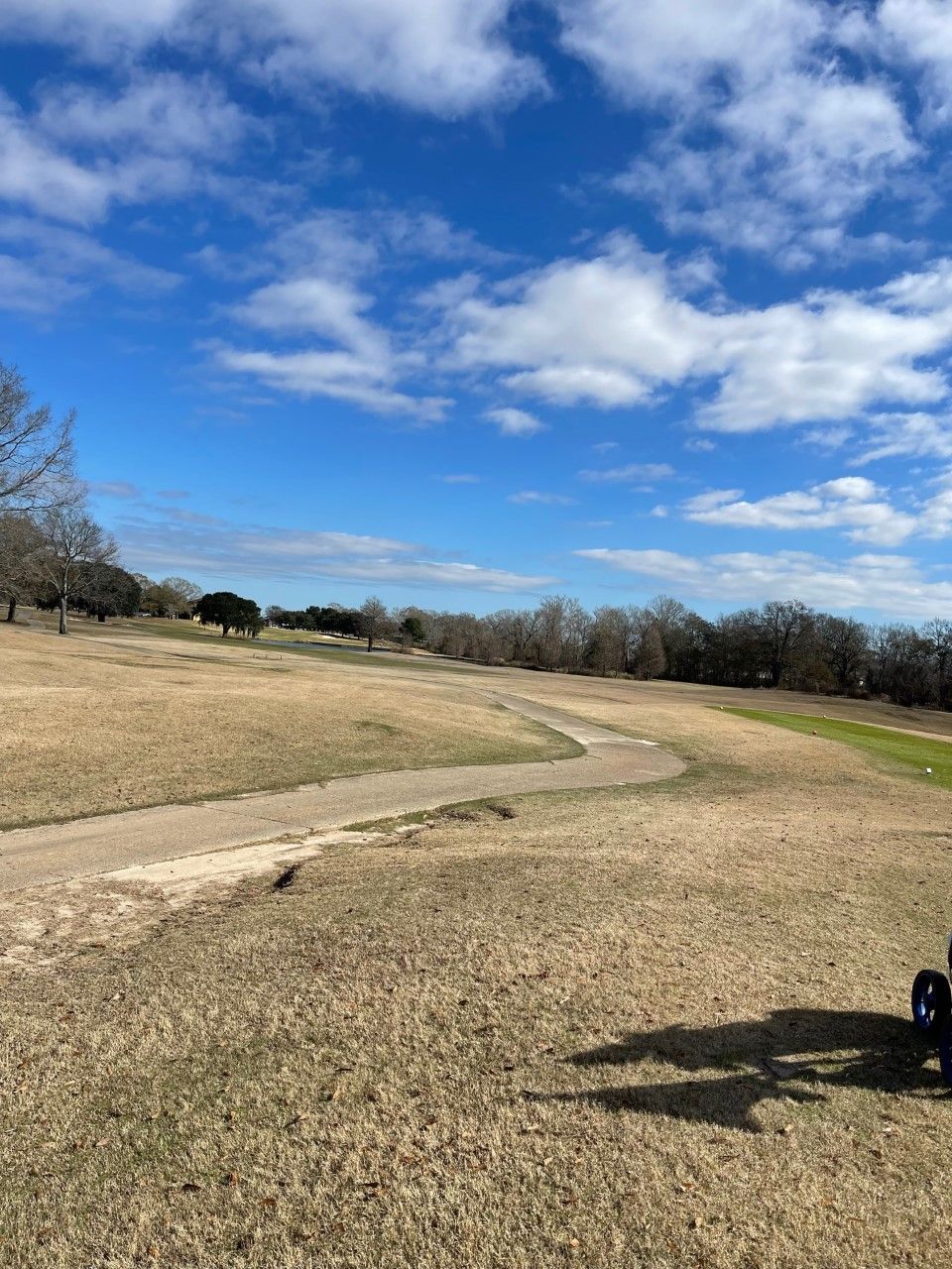 Golf course on a sunny day; dry grass, path curves toward trees; blue sky with clouds.