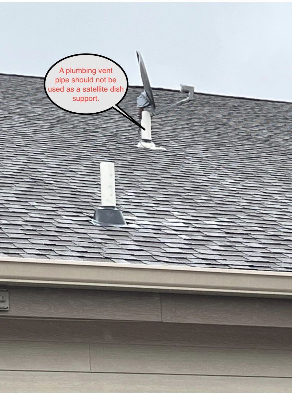 Roof with vent pipes; text bubble indicates an antenna should be installed securely.
