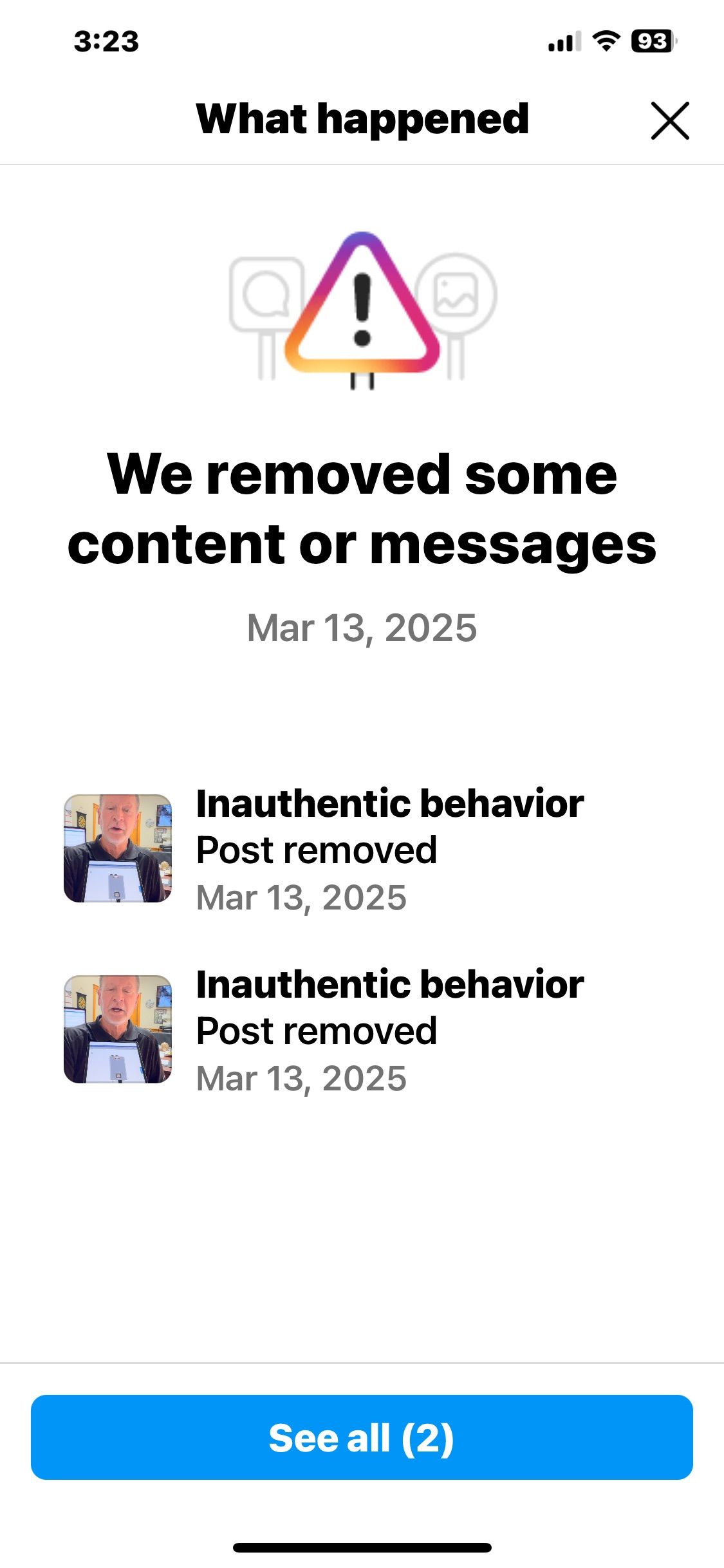 Instagram notice: “We removed some content or messages” with warning icon and “See all (2)” button.