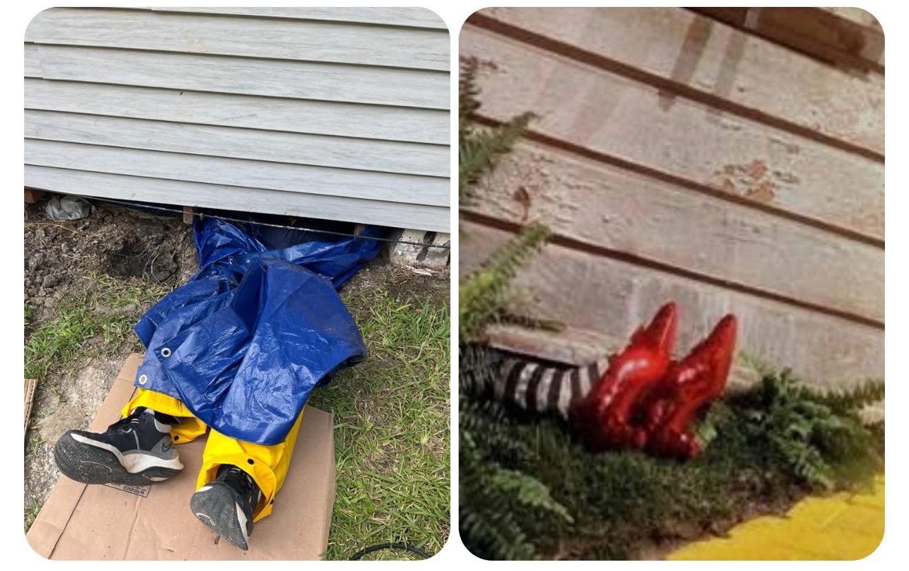 Crushed blue-and-yellow toy figure lying beside a house and red toy claw-like objects in grass