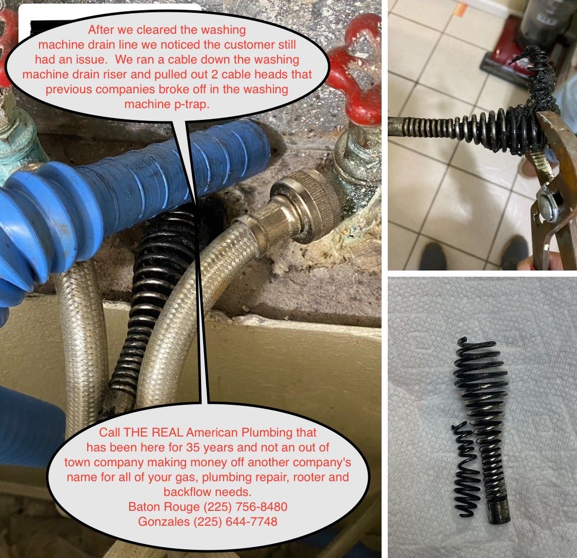 Collage of damaged plumbing hoses and fittings with red warning callouts about a leak under a sink