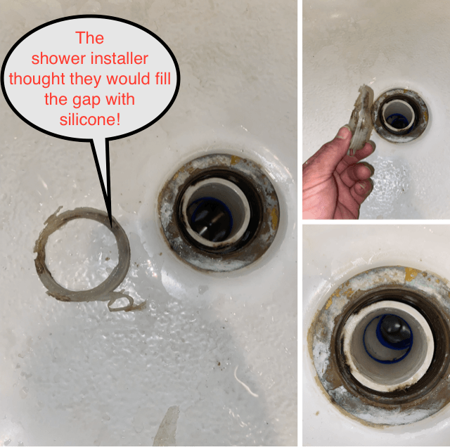 Broken shower drain seal with removed ring and exposed drain, showing failed silicone repair.