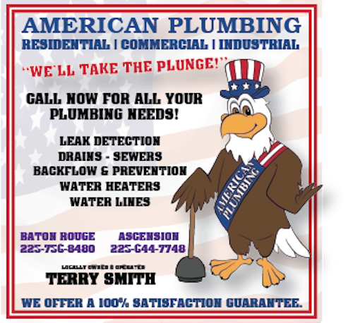 American Plumbing ad with Uncle Sam mascot, red-blue text, and service list for residential, commercial, industrial plumbing