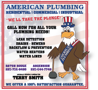 American Plumbing ad: Bald eagle in Uncle Sam hat, holding plunger. Offers plumbing services, Baton Rouge, Ascension.