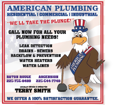 American Plumbing ad with Uncle Sam mascot, red-blue text, and service list for leaks, drains, water heaters.