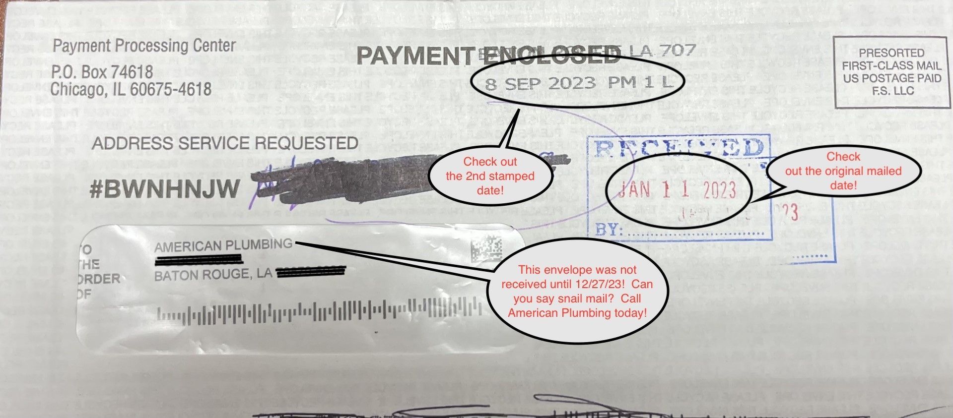 Envelope with annotations: date,