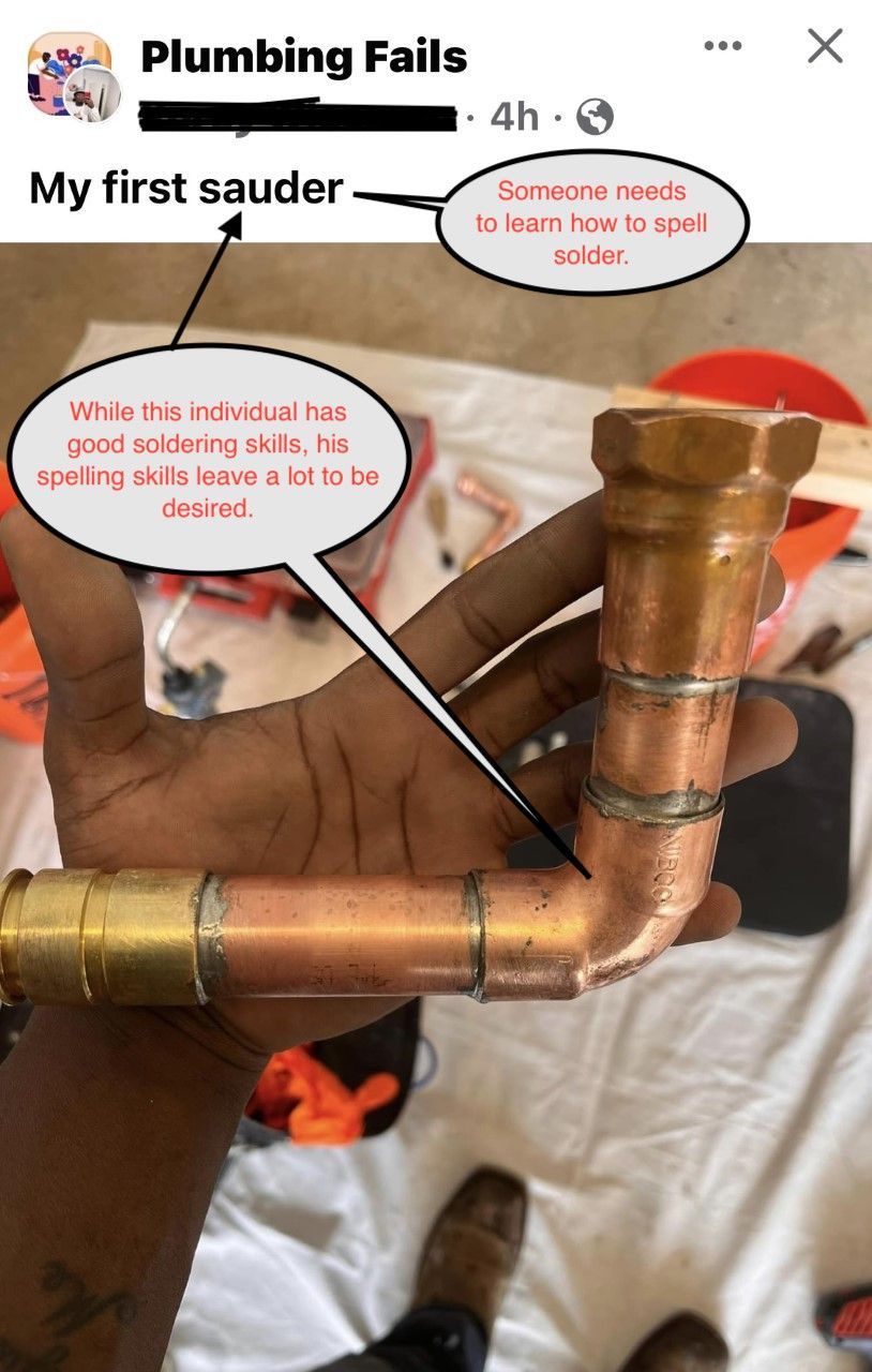 Copper plumbing joint with a side pipe and a hand pointing at the soldered elbow, with comment bubbles overlaid
