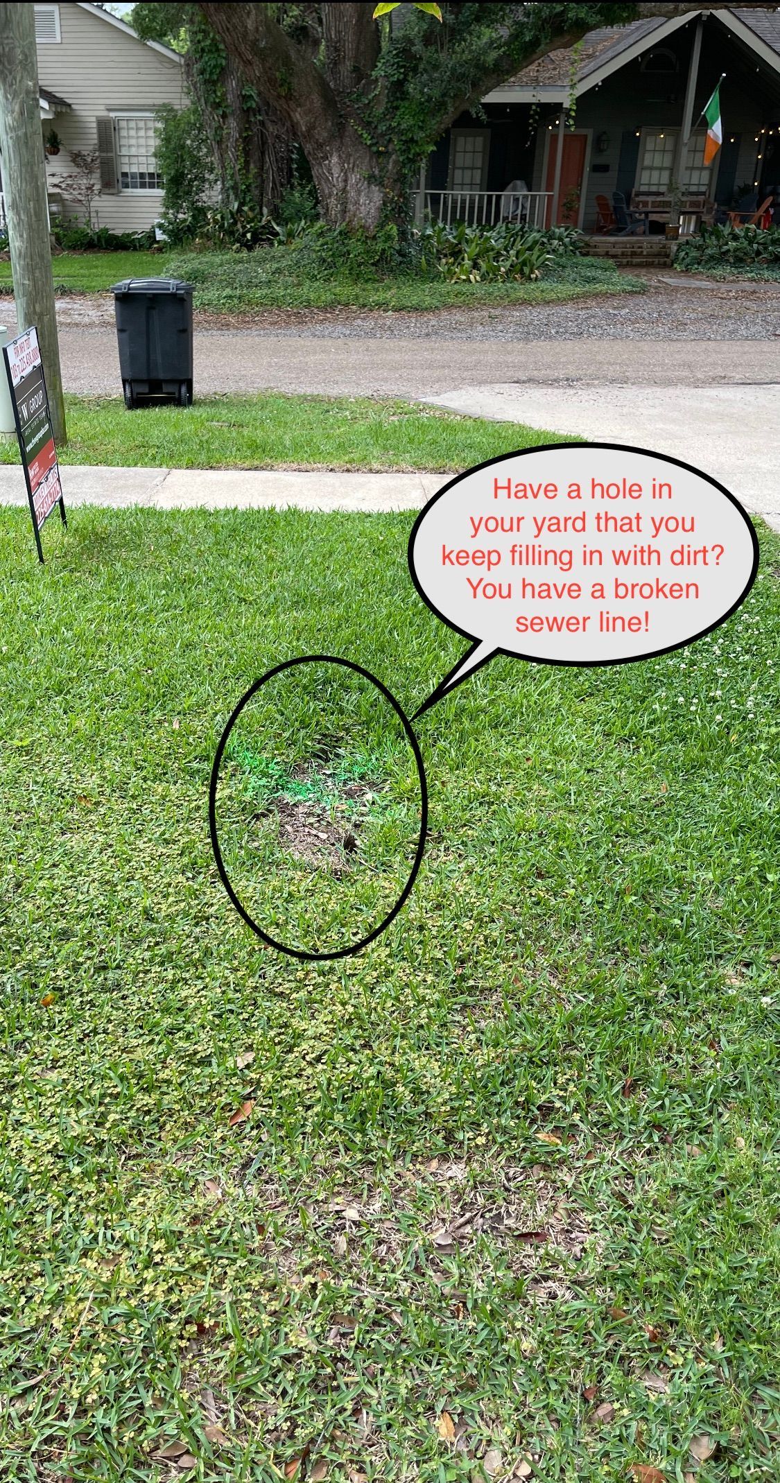 Green lawn with weed patch circled, text bubble over it.