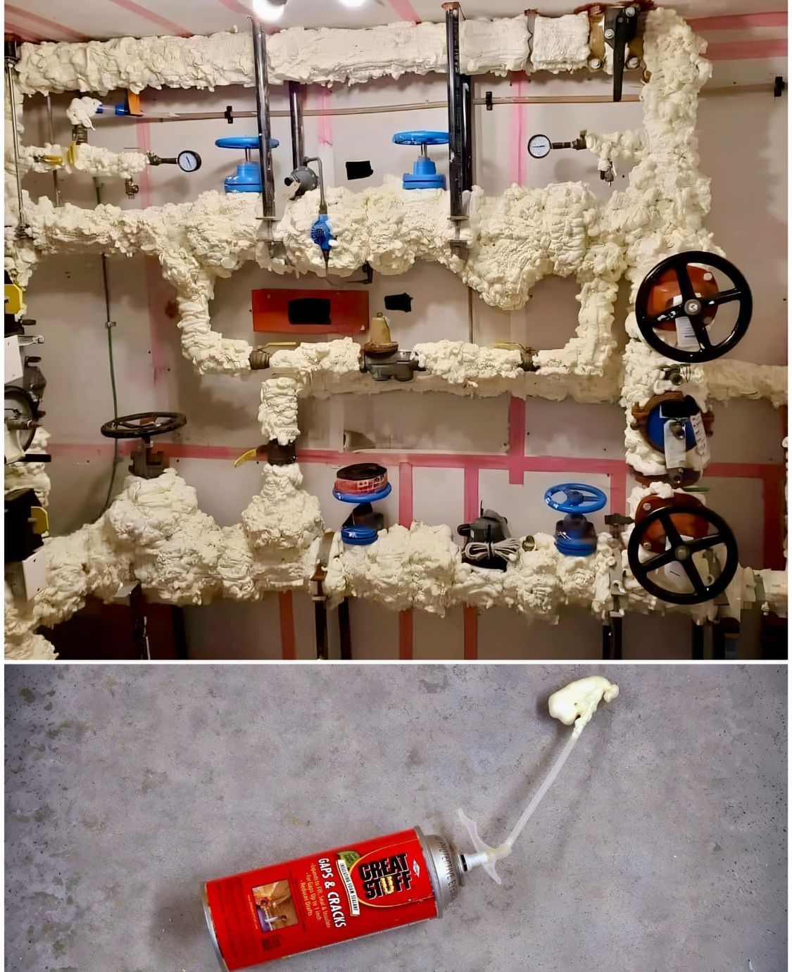 Pipes and valves insulated with expanding foam, next to a can of spray foam on a gray surface.