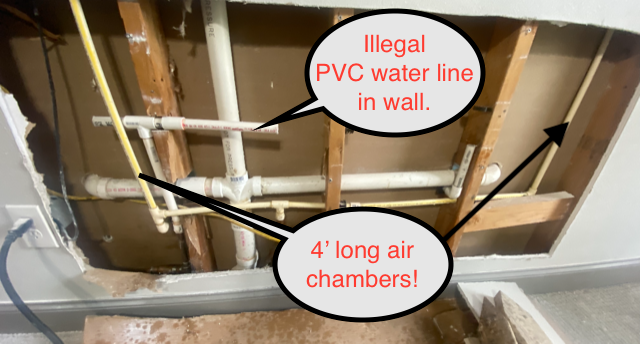Open wall with labeled notes showing illegal PVC water line and 4-inch air chambers