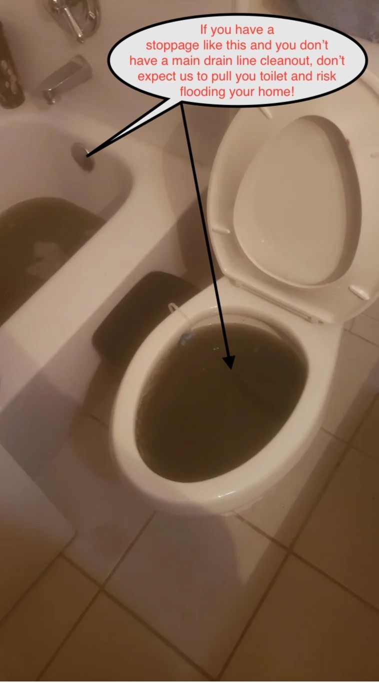 Open toilet with dark water in a beige bathroom, with a speech-bubble caption above it.