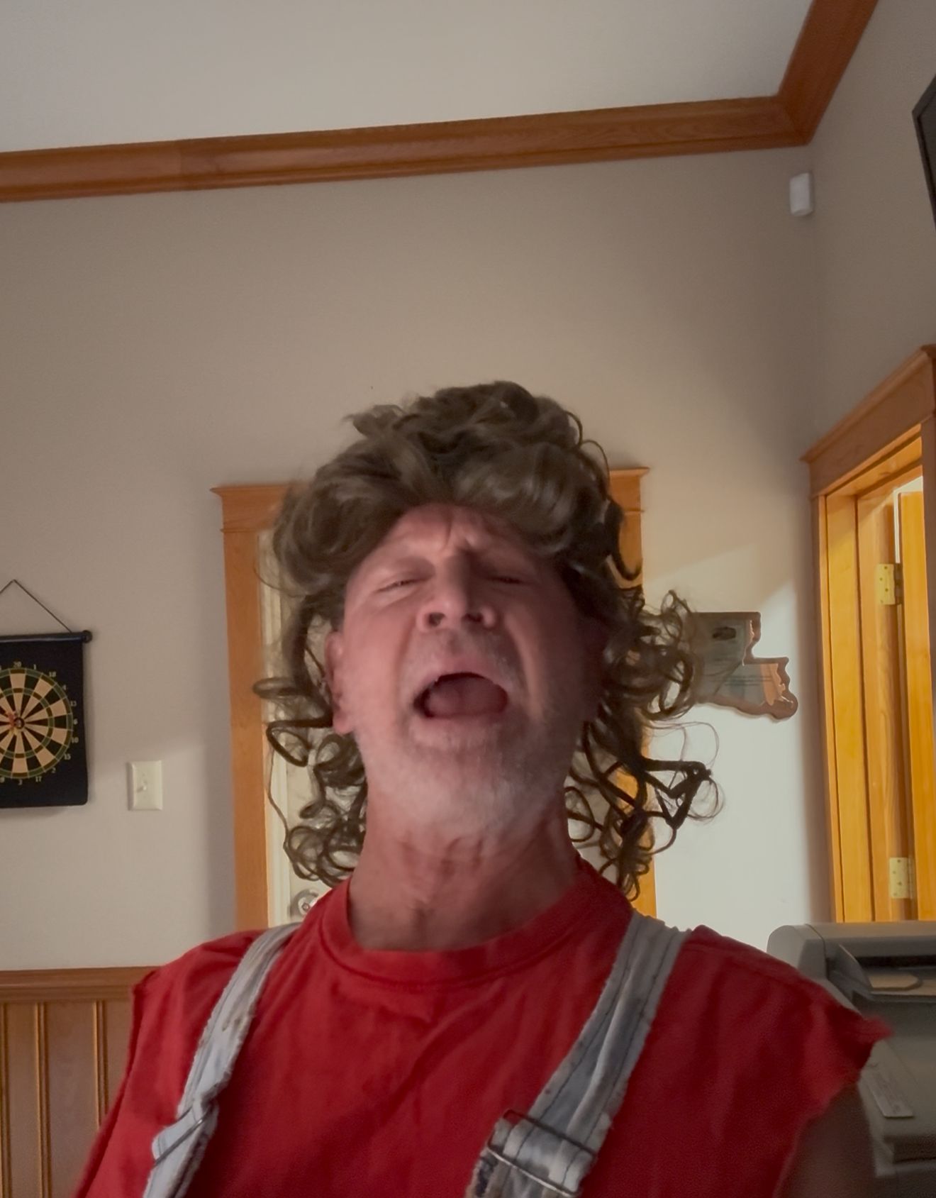 Person in a red shirt and curly wig, mouth open, indoors near a dartboard and window.