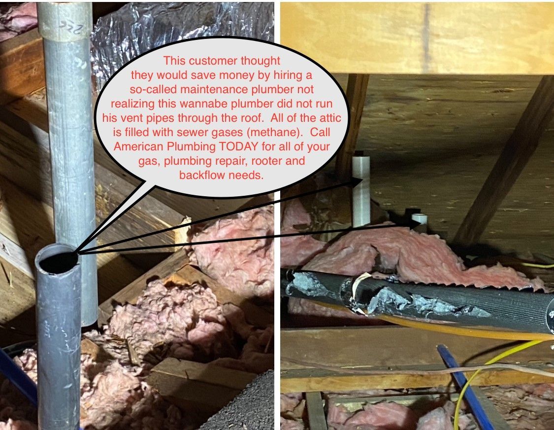 Attic plumbing repair with exposed pipes, insulation, and text describing the issue and inviting calls.