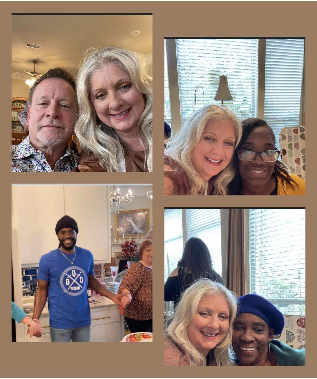 Collage: Several smiling people, including a couple, pose indoors. Various skin tones, blonde hair, and blue shirts.