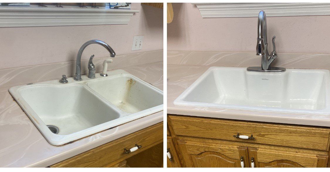 Two side-by-side images of a kitchen sink. One is old and stained, the other has a new faucet and is clean.