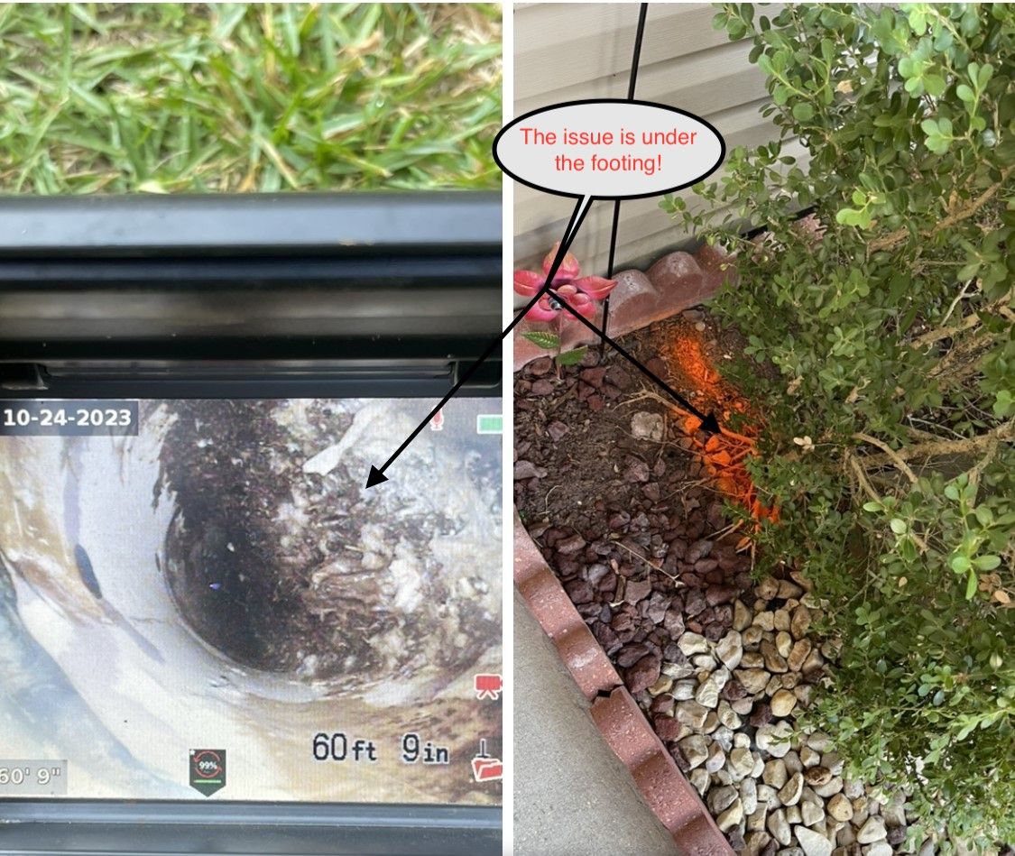Camera view of a cracked sewer pipe with orange leakage beside gravel and a curb, with a warning callout.