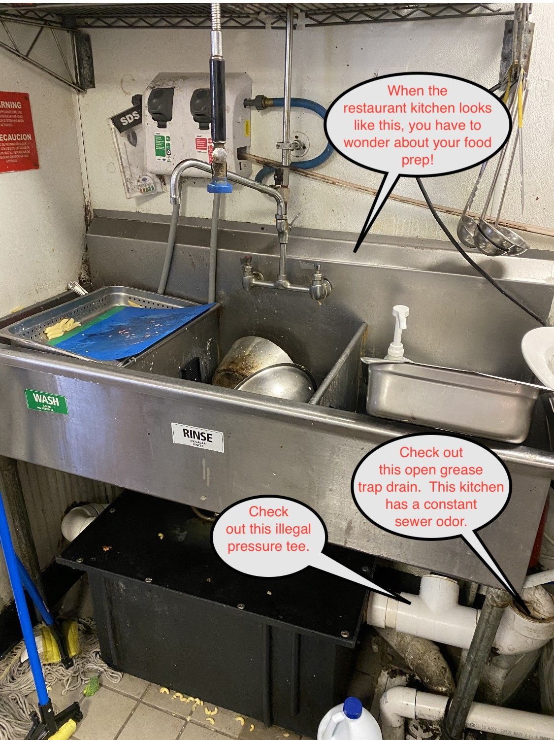 Stainless steel industrial sink with annotated speech bubbles explaining cleaning and grease disposal.