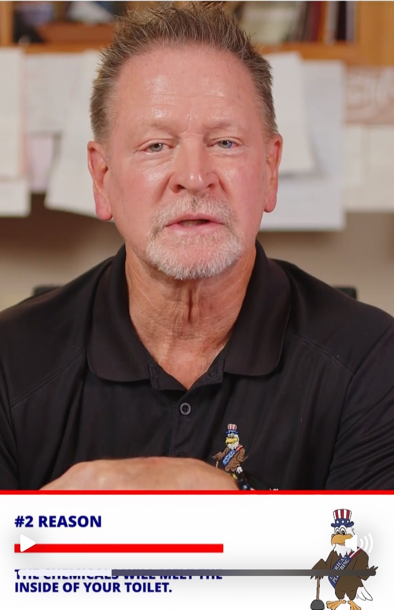 Man in black polo speaking to camera, with a hashtag campaign graphic at bottom reading “#2 REASON” and “INSIDE OF YOUR TOILET.”