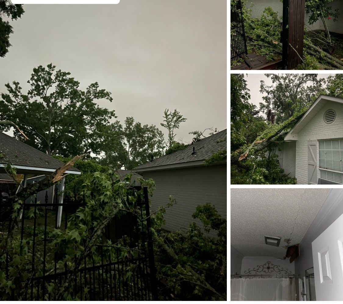 Collage of a cloudy backyard with trees, a house exterior, and indoor wall damage on a white ceiling and wall.