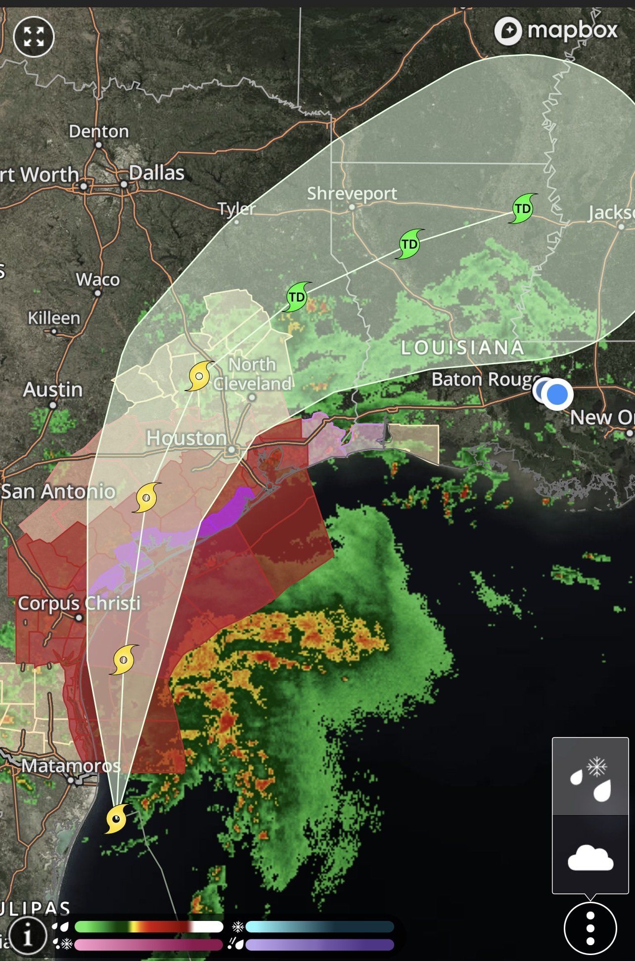 Weather radar map with storm cells in red, yellow, and green over a coastal area and a forecast track line.