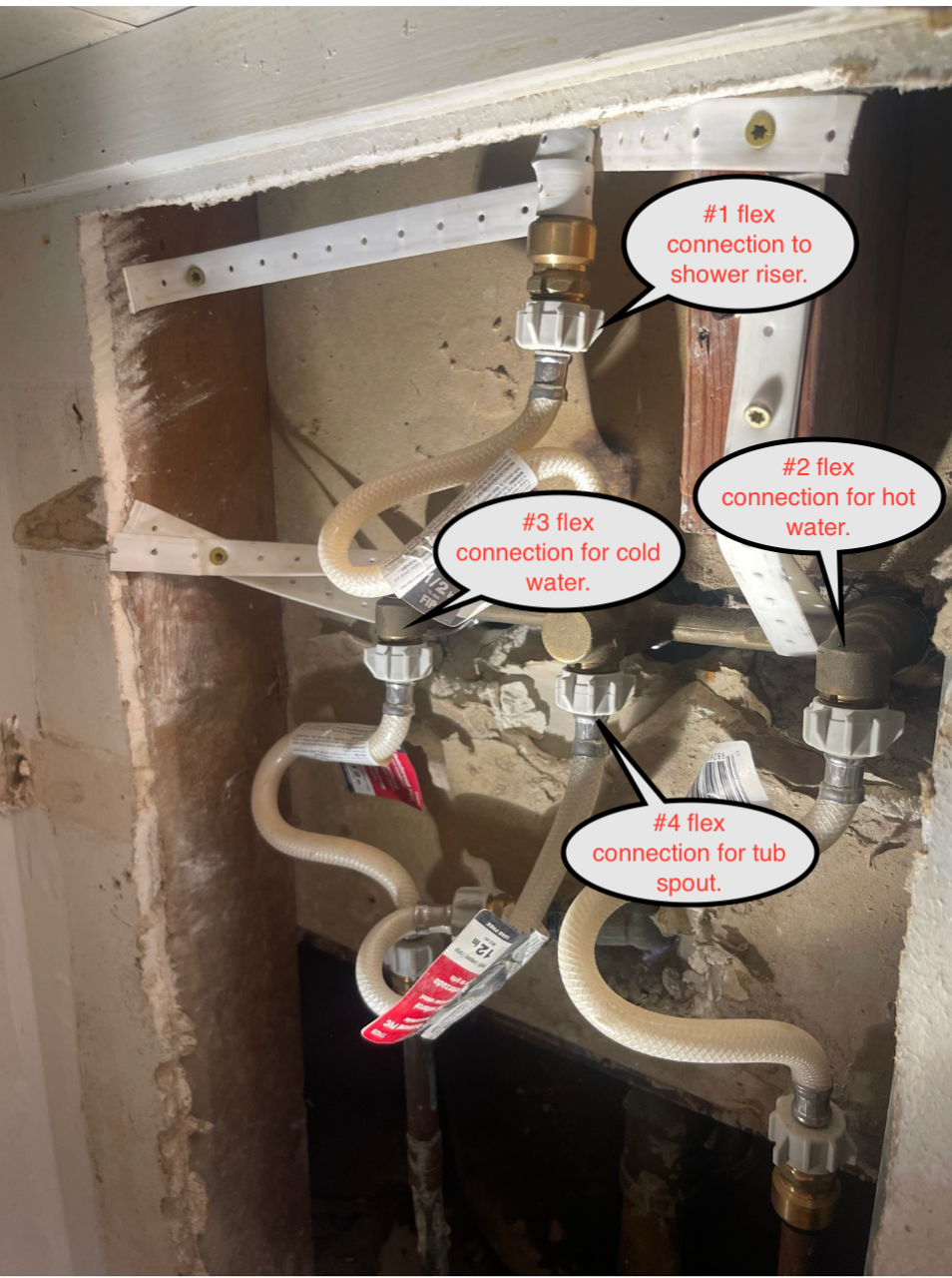Plumbing connections with labels for hot/cold water and tub spout. White pipes, brass fittings, wood frame.