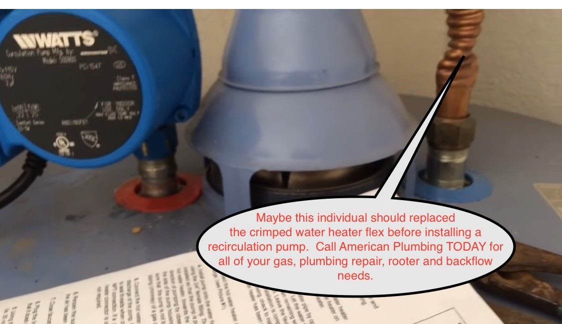 Close-up of a water heater system with a blue circulator pump and a speech bubble suggesting the heater tank should be replaced.