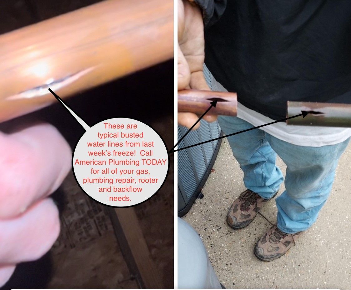 Two photos: damaged copper water pipes with long cracks; a person holds one.