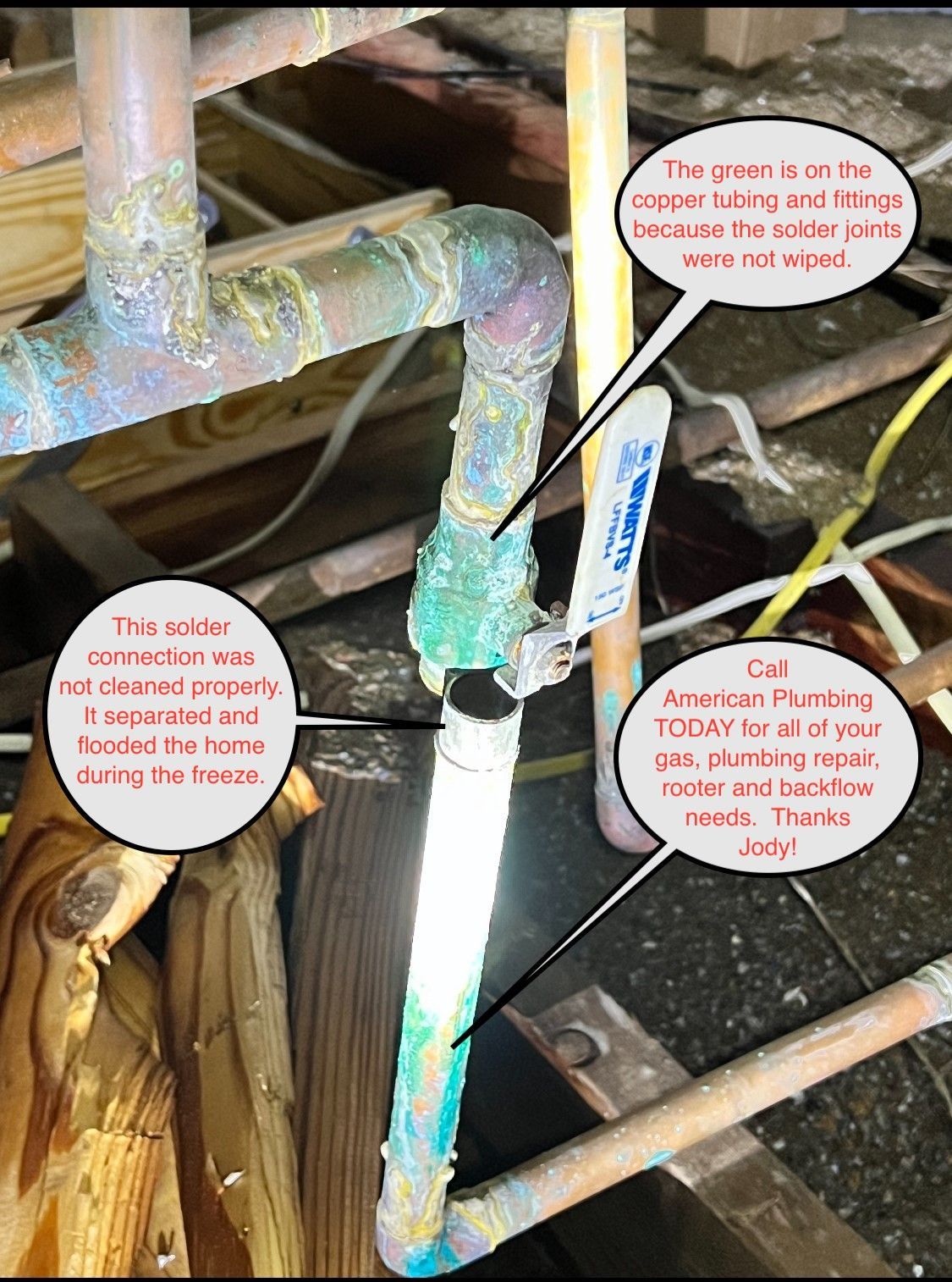 Corroded copper pipes under a sink with red callout labels pointing to problem spots.