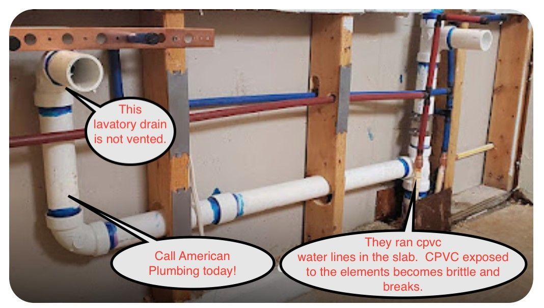 Plumbing pipes inside a wall; lavatory drain is not vented, water lines exposed.
