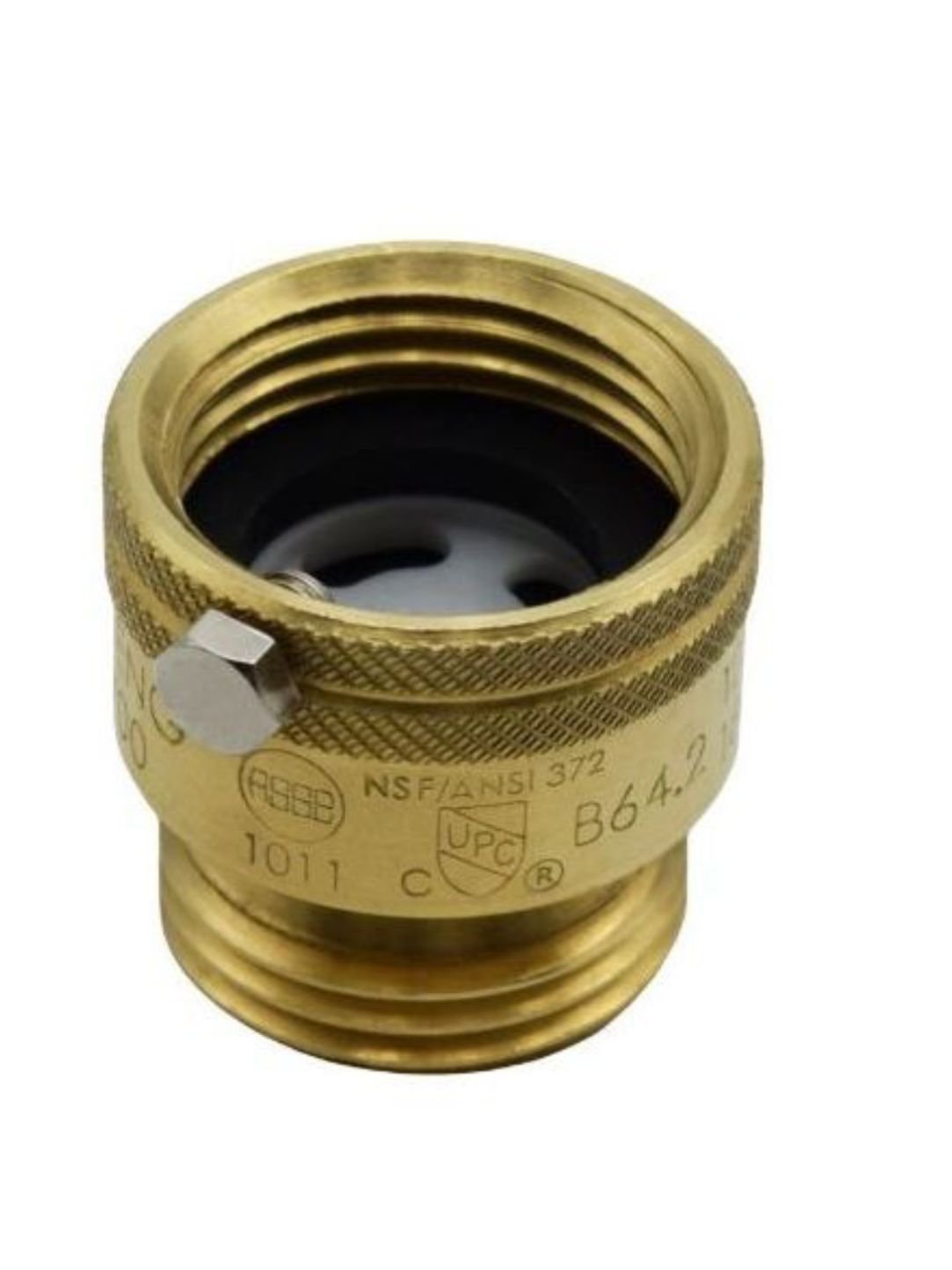 Brass threaded plumbing fitting with a black rubber valve insert and hex side plug