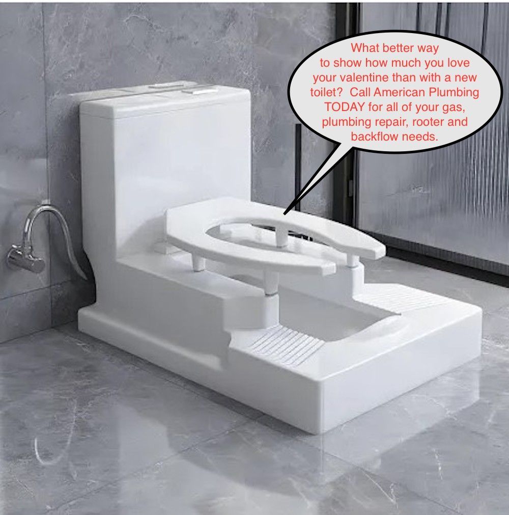 White, unusual toilet; advertisement text: 