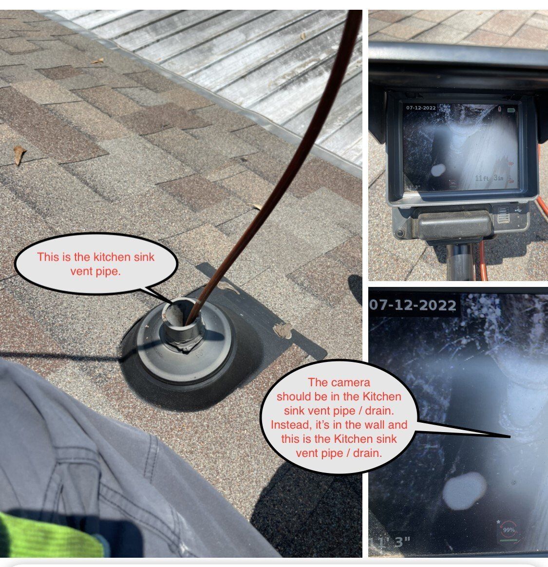 Leaking roof drain on pavement, with close-ups showing water and dark residue in the drain box.