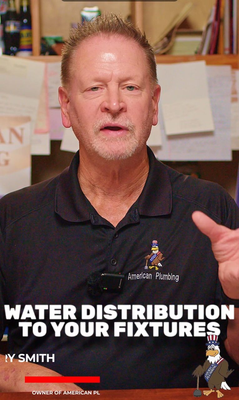 Man speaking on camera with a “Water Distribution to Your Fixtures” title overlay.