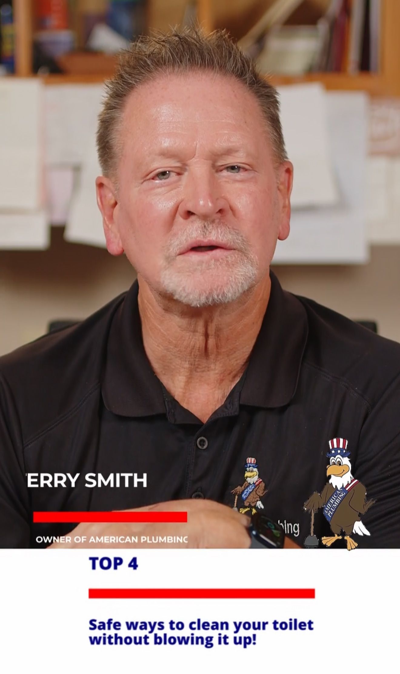 Man speaking on camera with “Top 4” lower-third about safe ways to clean your toilet