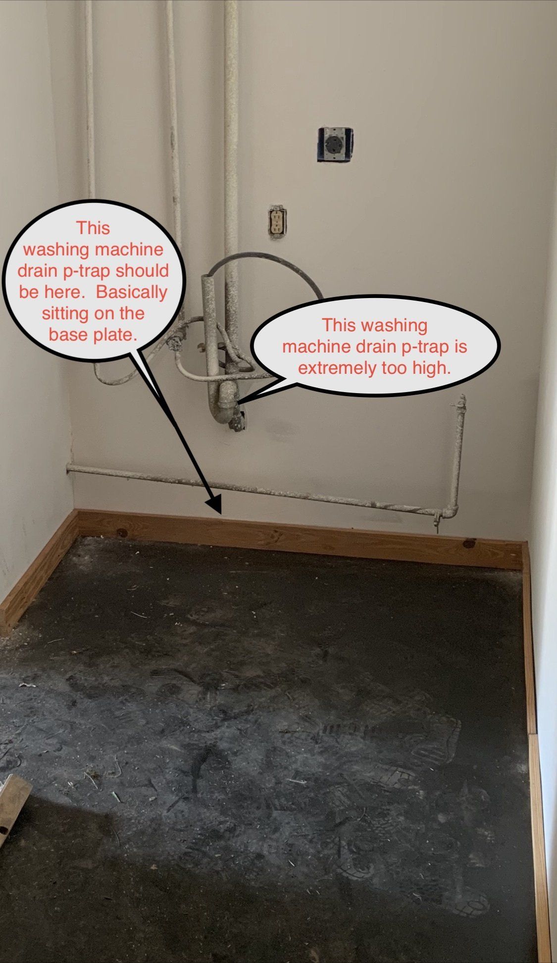 Empty room wall with exposed wiring and two red-circled warning notes above a dark floor area