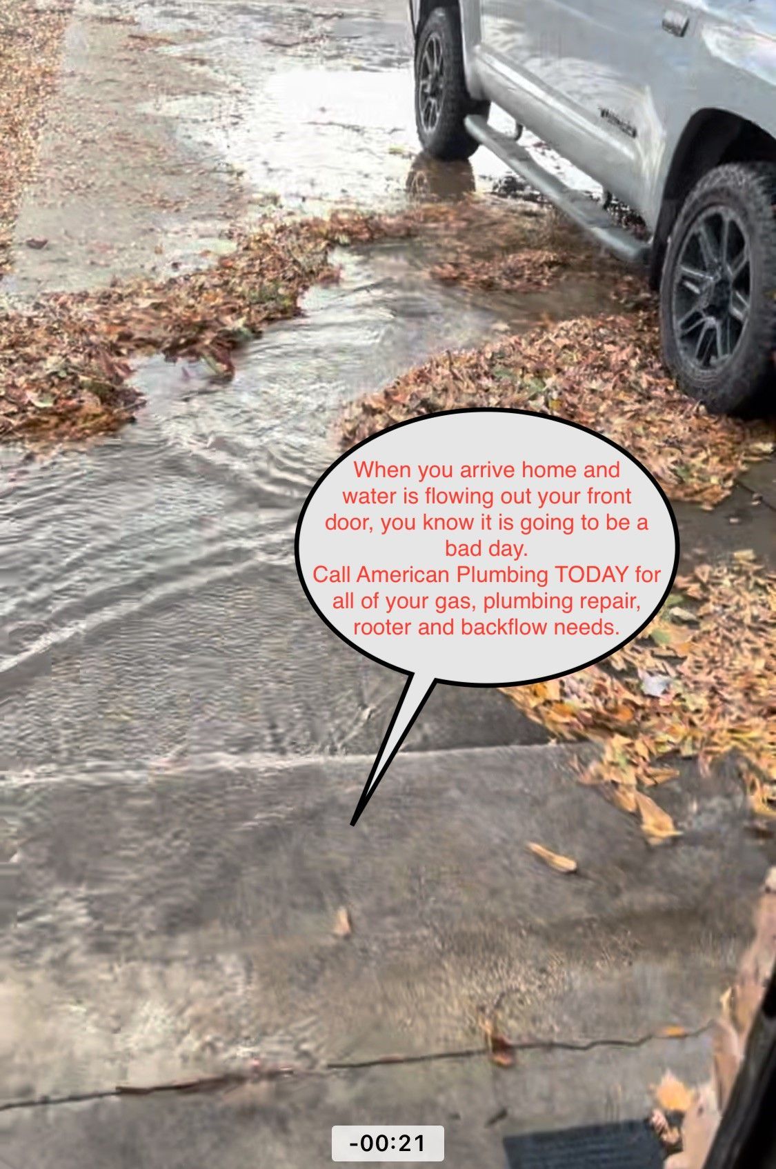 Sidewalk by a parked silver SUV, with leaves scattered and a speech bubble over the pavement.