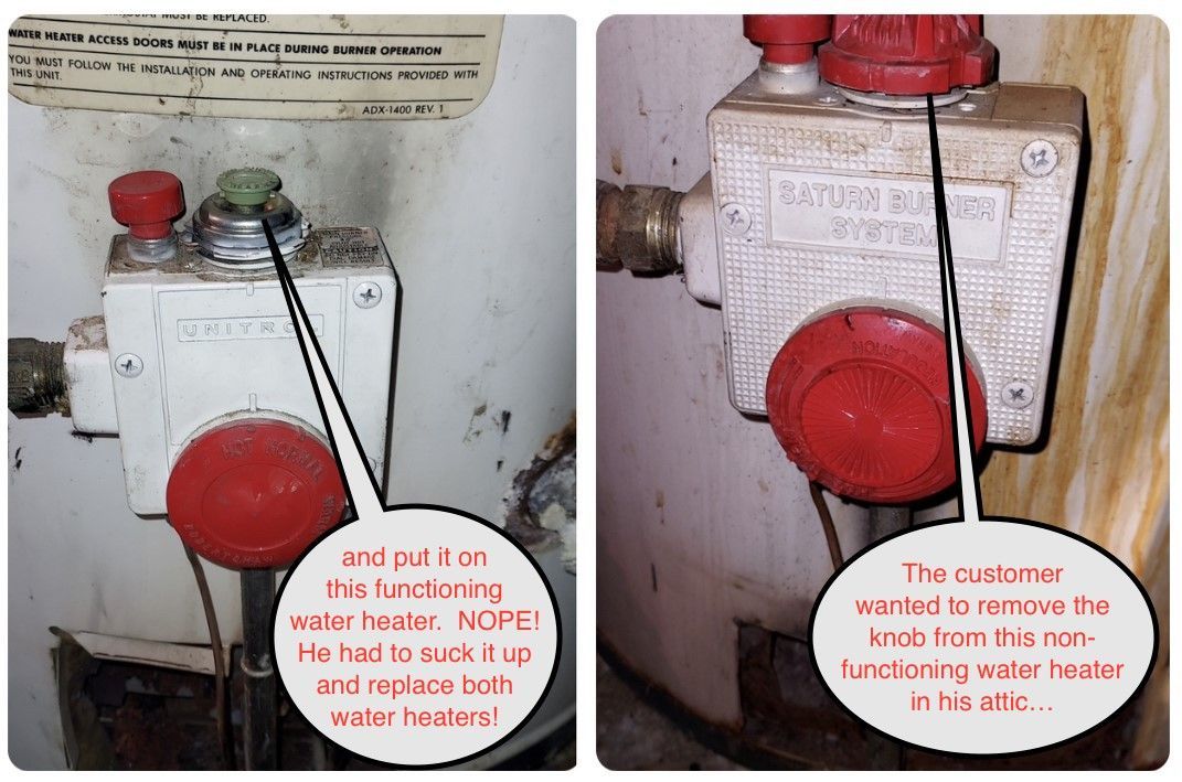 Two side-by-side photos of a gas meter with red handwritten warning notes and a red wheel valve.