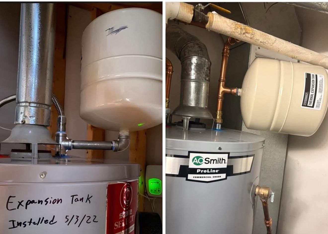 Water heaters and piping in a basement, one marked with handwritten service note and dated inspection.