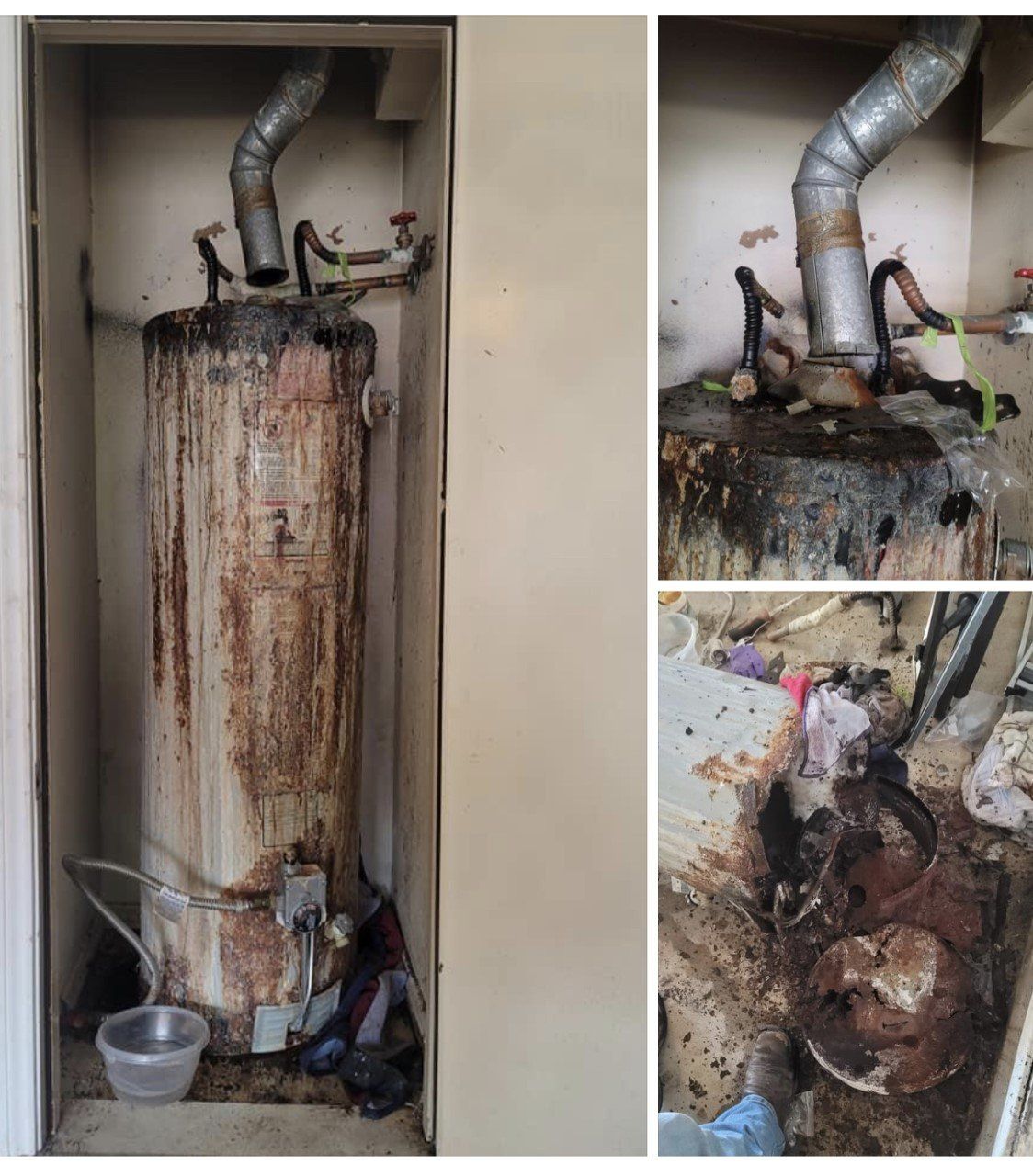 Damaged water heater in a closet; rust, leaks, and debris.