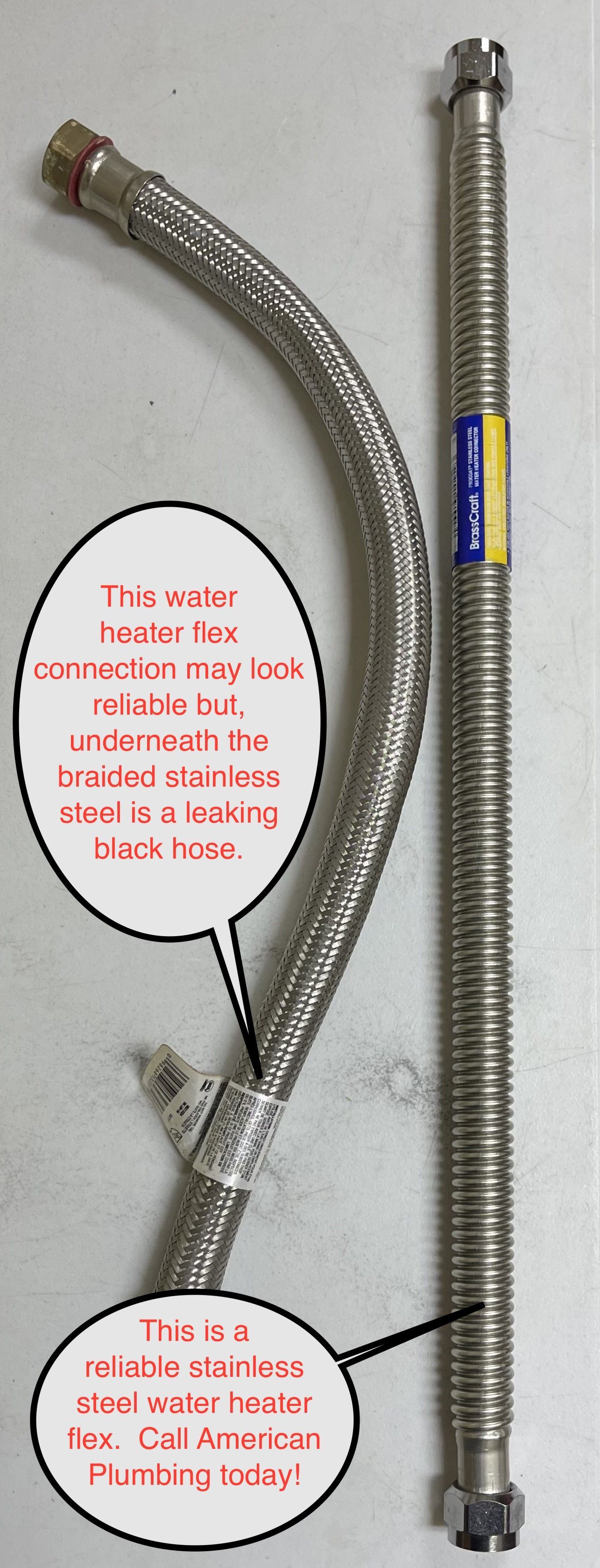 Two silver flexible hose pipes, one bent and one straight, with small red labels on a gray background
