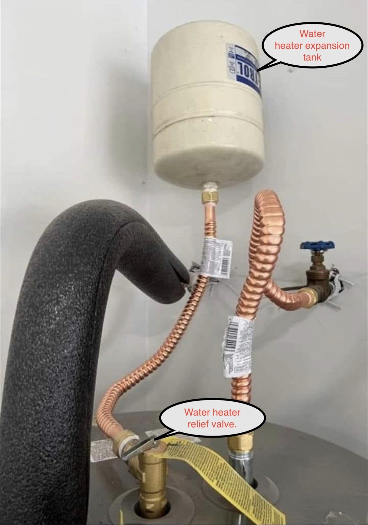 Water heater with exposed copper pipes, foam insulation, and labeled shutoff valve in a utility space
