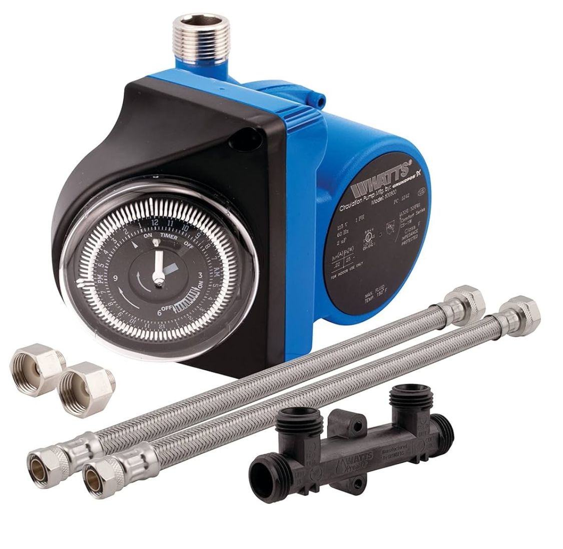 Blue and black Grundfos circulator pump with flex hoses and fittings; for hot water systems.